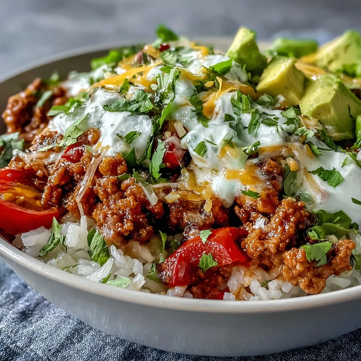Freshly cooked ground turkey simmered with peppers and onions for a hearty Turkey Taco Bowl, topped with avocado and cheese.