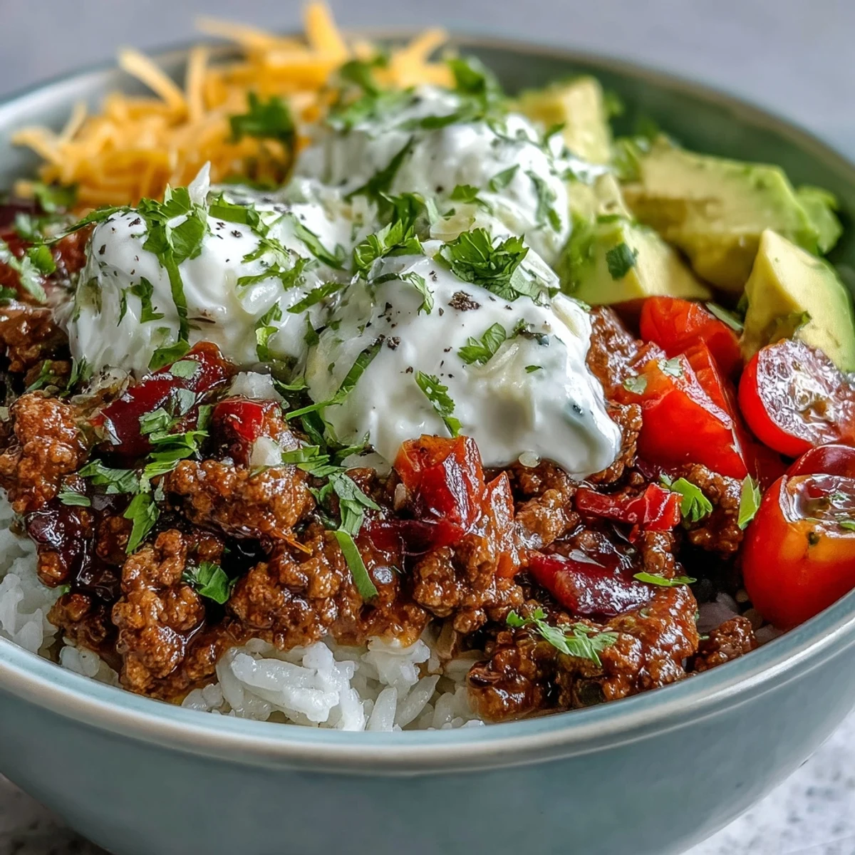 Deconstructed Turkey Taco Bowl featuring juicy ground turkey, diced tomatoes, shredded cheddar, and a dollop of sour cream on fluffy rice.