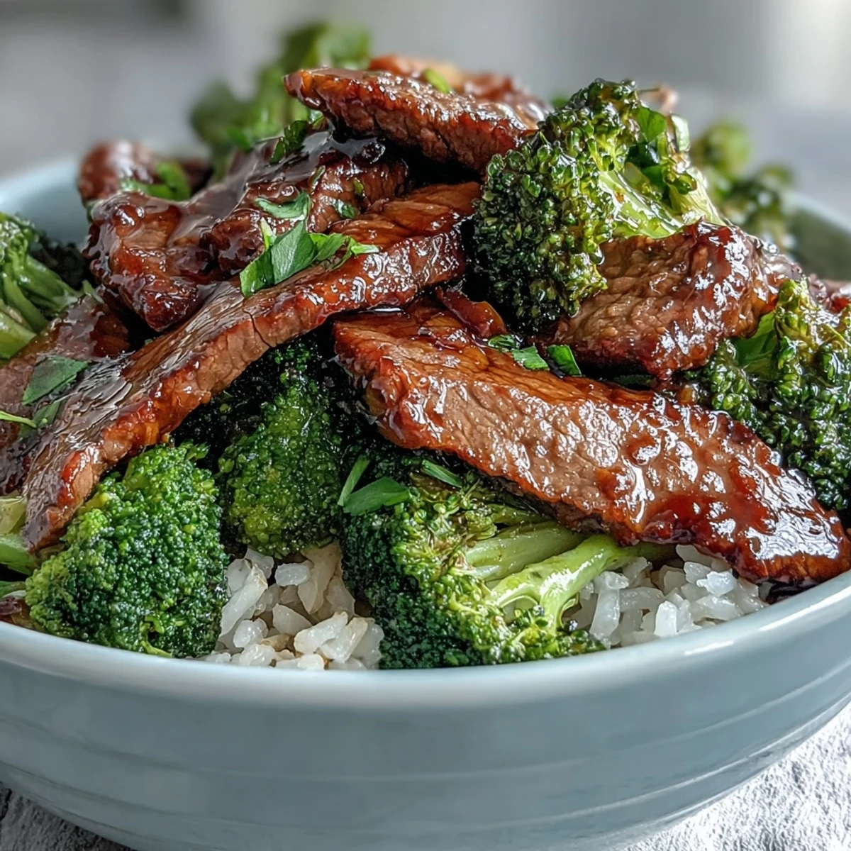Fluffy rice and tender beef strips in a beef and broccoli bowl, drizzled with savory soy-ginger sauce. 