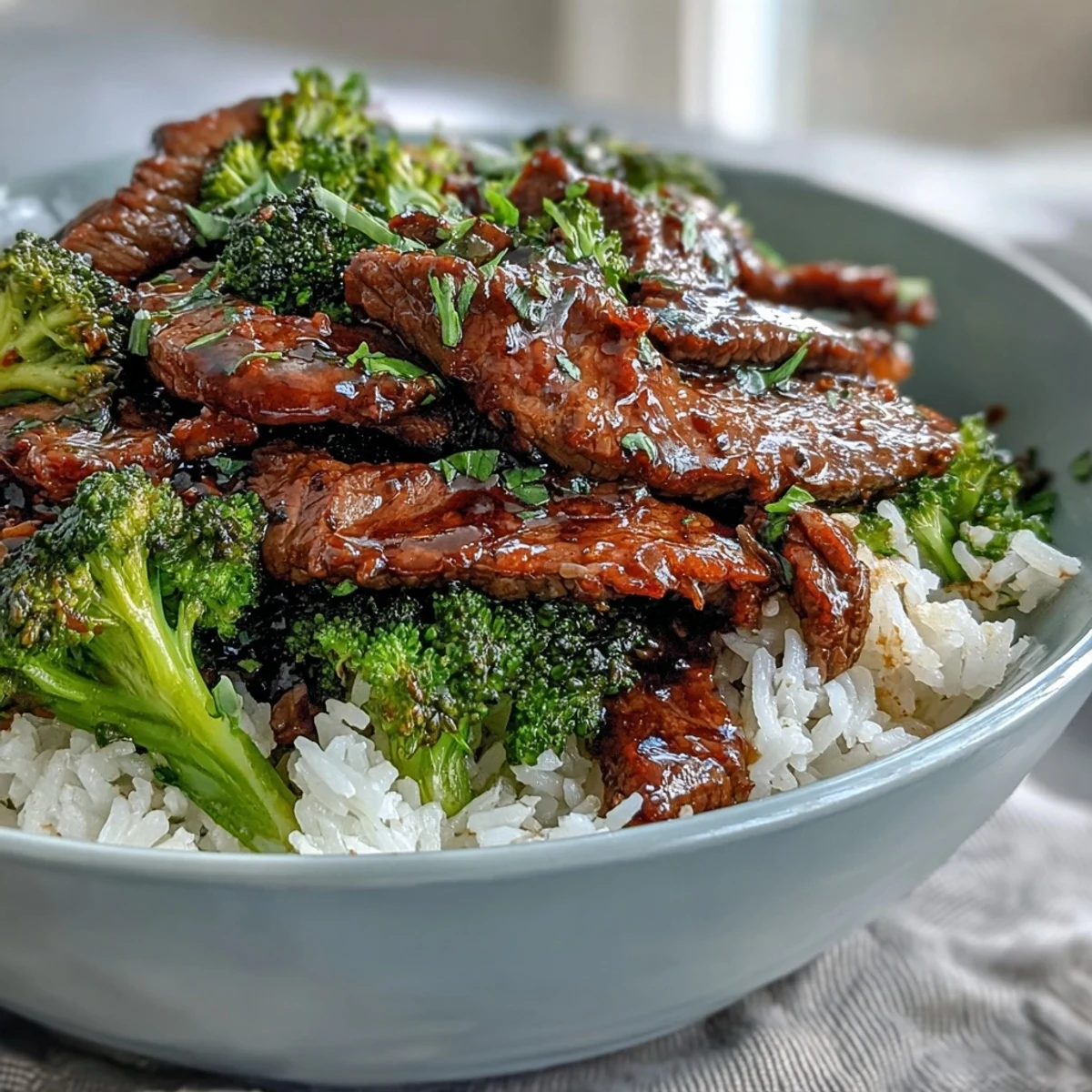 Vibrant steamed broccoli florets and beef served over rice in a beef and broccoli bowl, garnished with green onions. 