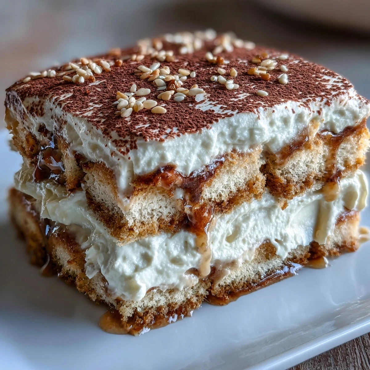 Hojicha Tiramisu layered with hojicha-dipped ladyfingers, creamy mascarpone, and dusted cocoa powder on a dark plate.