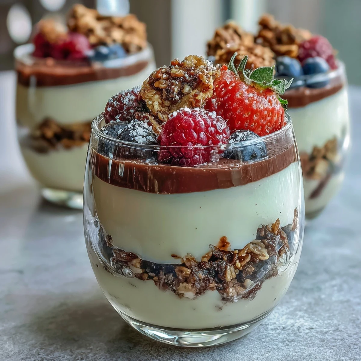 Creamy Hojicha Panna Cotta Parfait layered with fresh berries and crunchy granola in a glass.