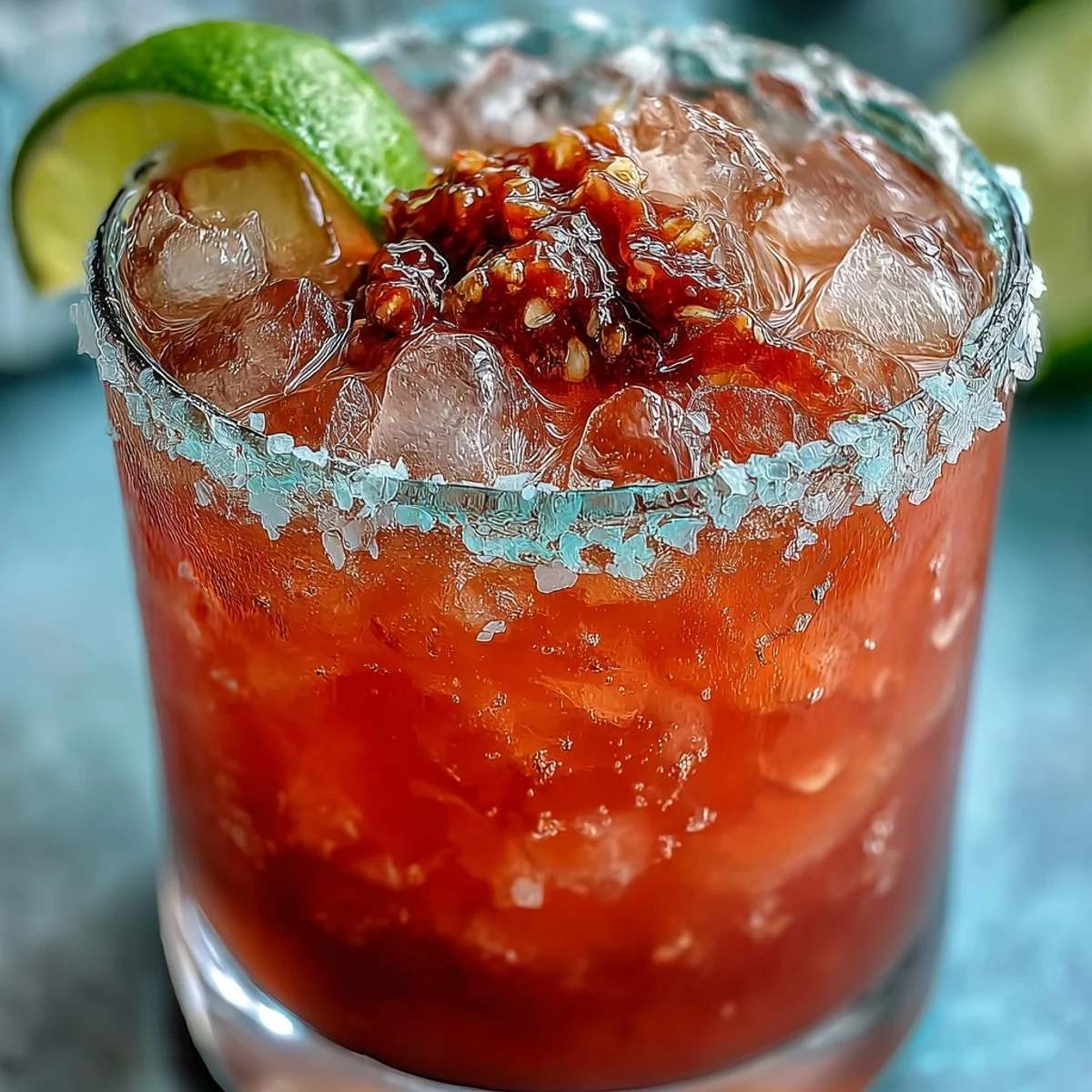 Chilled Guava Margarita over ice garnished with lime, served beside a shaker.