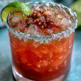 Chilled Guava Margarita over ice garnished with lime, served beside a shaker.