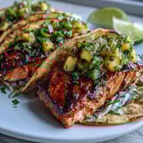Grilled salmon tacos with mango salsa served on warm tortillas with shredded cabbage and lime wedges.  