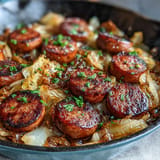 One-pan cabbage and sausage dish featuring golden sausage slices, caramelized onions, and vibrant parsley garnish.  
