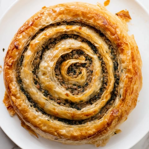 Golden-brown Bosnian Burek pastry: flaky layers filled with savory ground beef and spinach.