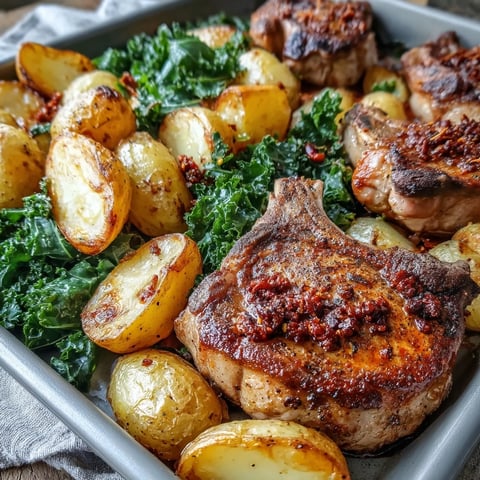 Golden roasted Aleppo Pork Chops with crisp potatoes and sautéed greens on a plate.