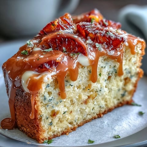 Freshly baked Heavenly Blood Orange Yogurt Cake with a glossy citrus icing drizzle, served on a rustic wooden board with orange slices.