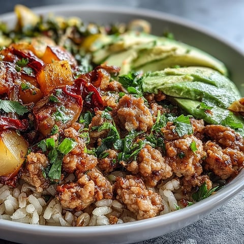 Roasted broccoli and cherry tomatoes sit beside seasoned ground turkey and fluffy brown rice in a bright bowl, topped with fresh cilantro and avocado slices.