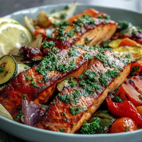 Golden roasted salmon fillets and a colorful medley of zucchini, bell peppers, and cherry tomatoes create a vibrant Sheet Pan Salmon and Veggies Bowl. Fresh parsley and lemon wedges garnish this easy, healthy weeknight dinner ready in 40 minutes.