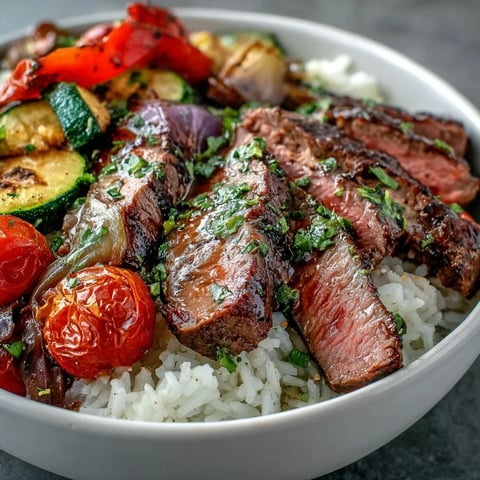 Juicy grilled steak and roasted vegetables from the Sheet Pan Steak and Veggie Bowl served over fluffy rice with lemon wedges.