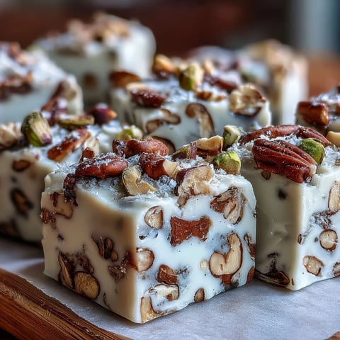 Hojicha Nougat squares studded with chopped almonds and pistachios, ready to serve with hot tea.
