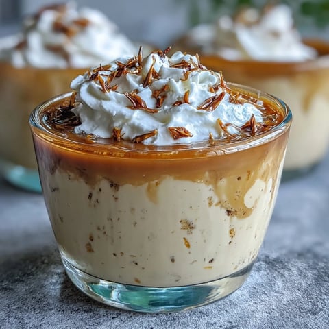 Silky Hojicha Pudding in a glass ramekin, topped with a dollop of whipped cream and cocoa powder.