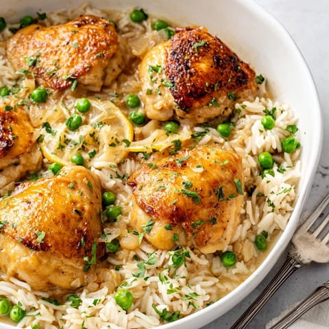 Tender chicken and fluffy rice in creamy, lemon-infused sauce for One-Pot Creamy Lemon Chicken and Rice.