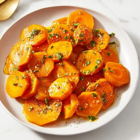 Close-up of golden honey-glazed carrots glistening from butter, a perfect side dish.