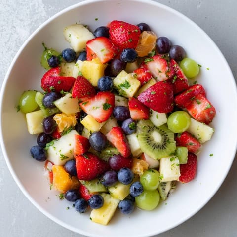 Bright, fresh fruit salad featuring strawberries, blueberries, and a tangy honey-lime drizzle.