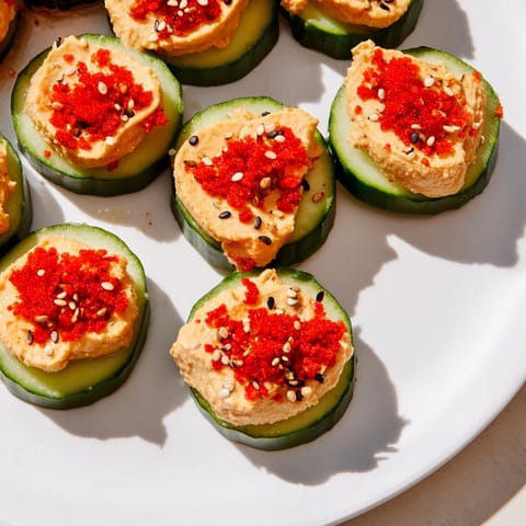 Quick Hummus and Cucumber Bites, a vibrant appetizer, shows fresh cucumbers topped with creamy hummus and garnishes.