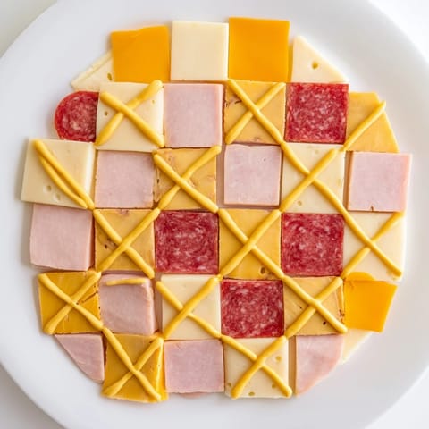 The elegant Patchwork Quilt appetizer, a flavorful creation with mustard "stitches" and savory flavors.