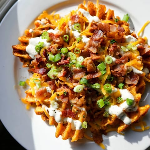 A close-up of a platter of Loaded Sweet Potato Fries, overflowing with toppings, ready to enjoy.