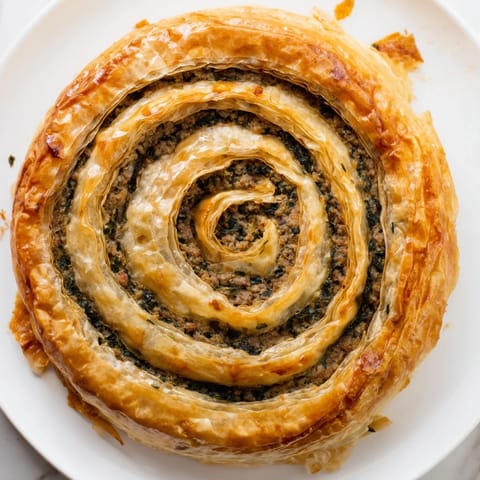 Golden-brown Bosnian Burek pastry: flaky layers filled with savory ground beef and spinach.