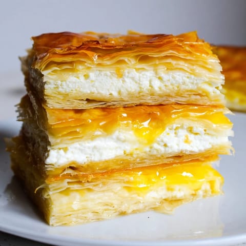 This savory Serbian Gibanica features a beautifully browned top, ideal for a comforting meal.