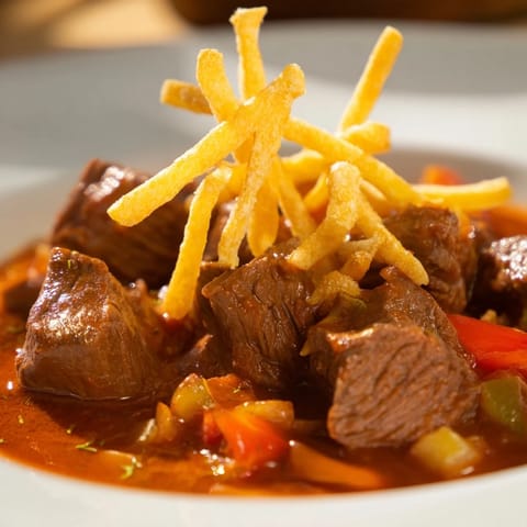A steaming bowl of comforting Czech Goulash, featuring fall-apart beef and crispy potatoes.