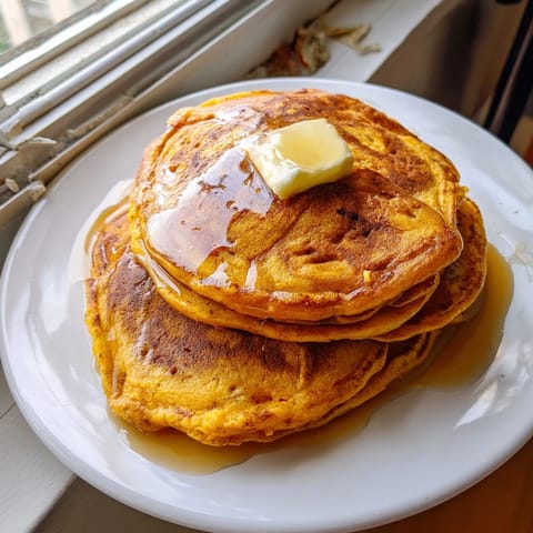 Freshly cooked pumpkin spice pancakes on a rustic plate, garnished with a dusting of powdered sugar and chopped pecans, perfect for a festive brunch.