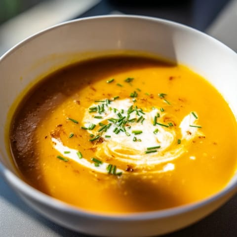 A bowl of creamy carrot-based soup garnished with fresh parsley and a swirl of cream, served with warm crusty bread on the side.