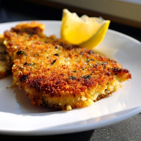 A close-up of the Crispy Parmesan Chicken Cutlet highlights its crunchy panko and Parmesan crust.