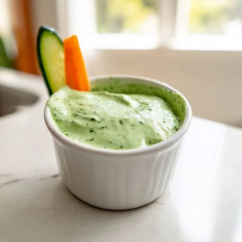 Fresh Green Goddess Dressing poured from a glass jar over a crisp kale and avocado salad, garnished with fresh herb sprigs.