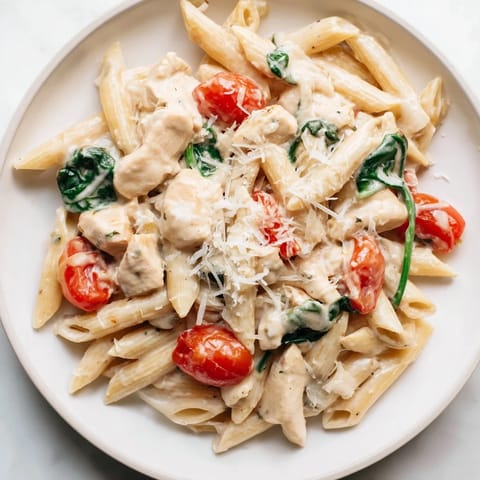 Golden chicken pieces and al dente pasta coated in a light Greek yogurt sauce, garnished with fresh basil and Parmesan for a healthy, high-protein meal.  