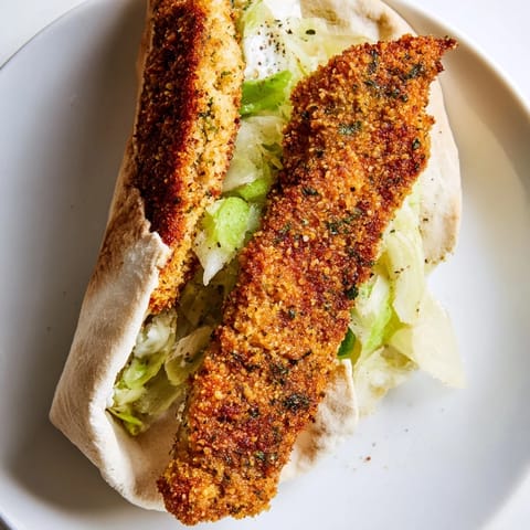 Savory Crispy Herbed Chicken Caesar Pitas, with crunchy breaded cutlets and creamy dressing, served with lemon wedges.
