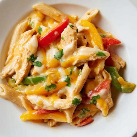A close-up of creamy Tex-Mex fajita chicken pasta skillet garnished with lime wedges and sliced jalapeños.