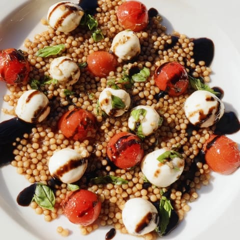 A fresh bowl of Caprese Couscous Salad features juicy tomatoes, soft mozzarella, and fragrant basil leaves mixed with warm, fluffy Israeli couscous.