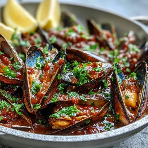 Tender Smoky Mussels Pomodoro served in a rustic bowl, garnished with chopped parsley and lemon wedges beside crusty bread.