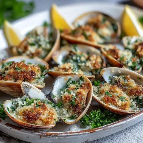Tender baked littleneck clams topped with buttery lemon-parsley panko crumbs, a bright and savory seafood appetizer ready to serve.