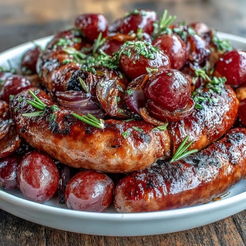 Golden-brown roasted sausages nestled among caramelized red grapes and red onion wedges, infused with fresh rosemary on a rustic sheet pan.