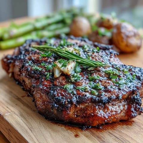 Perfectly grilled bone-in rib eye steak sliced to reveal a juicy pink center, served with buttered potatoes and charred asparagus.