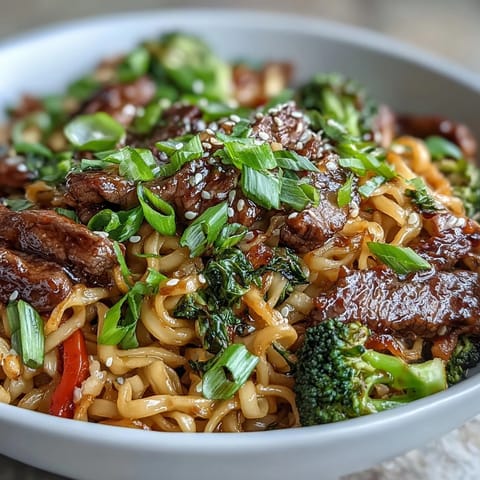 Sizzling flank steak and crisp broccoli mingle with silky rice noodles in a glossy Korean Beef Noodles stir-fry, garnished with sesame seeds and green onions.