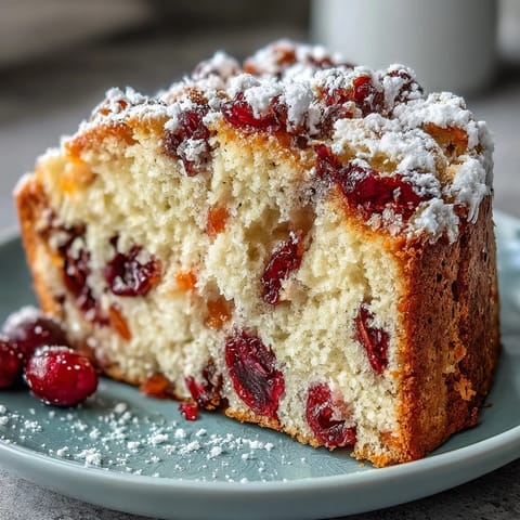 A close-up of Cranberry Orange Breakfast Cake sliced to show fluffy interior, dusted with powdered sugar on a rustic plate.