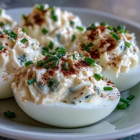 Million Dollar Deviled Eggs garnished with fresh chives and paprika on a white plate.