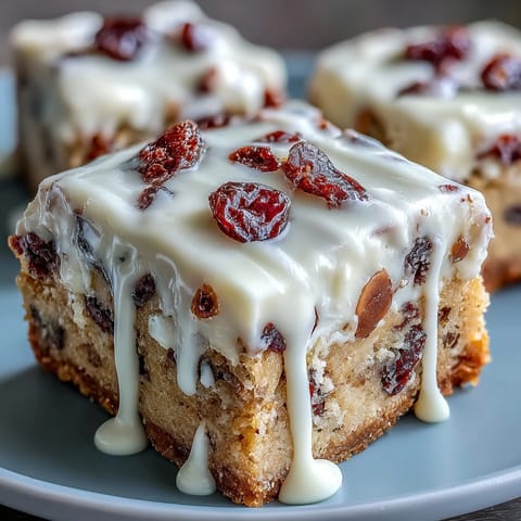 Plated Cranberry Bliss Bars topped with dried cranberries and drizzle, ready for a holiday dessert party platter.