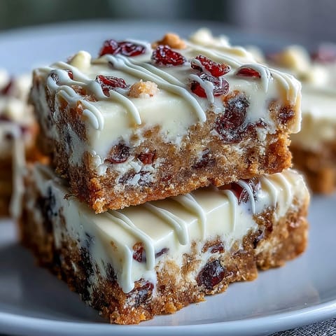 Golden-brown Cranberry Bliss Bars with orange cream cheese frosting, white chocolate drizzle, and cranberry garnish on a cooling rack.