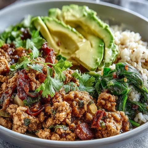This healthy Ground Turkey Bowl showcases sautéed ground turkey, vibrant roasted vegetables, and hearty whole grains, garnished with lime wedges for a zesty finish.