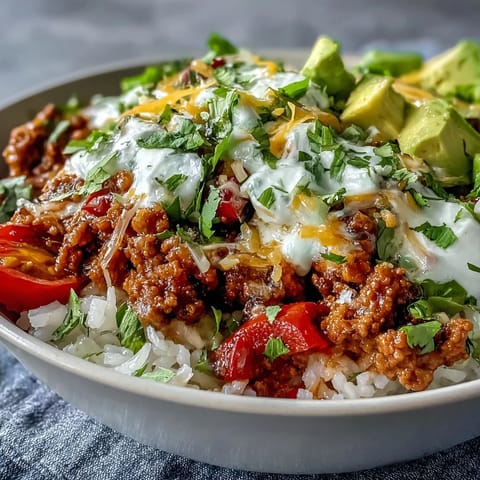 Freshly cooked ground turkey simmered with peppers and onions for a hearty Turkey Taco Bowl, topped with avocado and cheese.