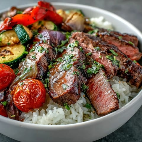 Juicy grilled steak and roasted vegetables from the Sheet Pan Steak and Veggie Bowl served over fluffy rice with lemon wedges.