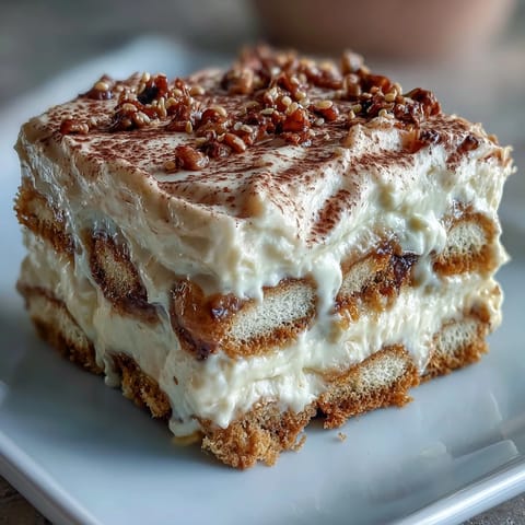 A close-up of Hojicha Tiramisu showing airy mascarpone cream, soaked biscuits, and rich hojicha syrup drizzle.