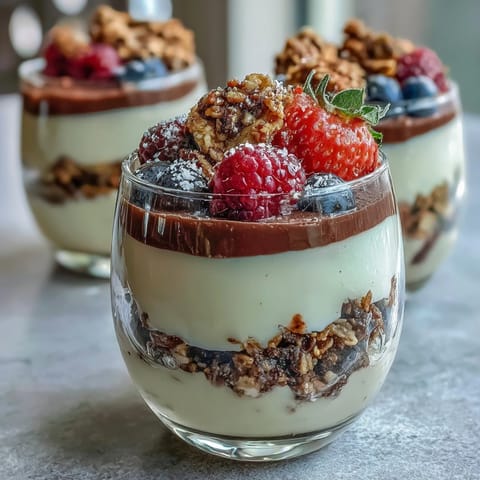 Creamy Hojicha Panna Cotta Parfait layered with fresh berries and crunchy granola in a glass.