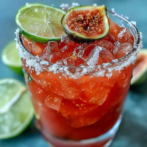Frosted salt-rimmed rocks glasses filled with vibrant pink Guava Margarita and lime wedges.